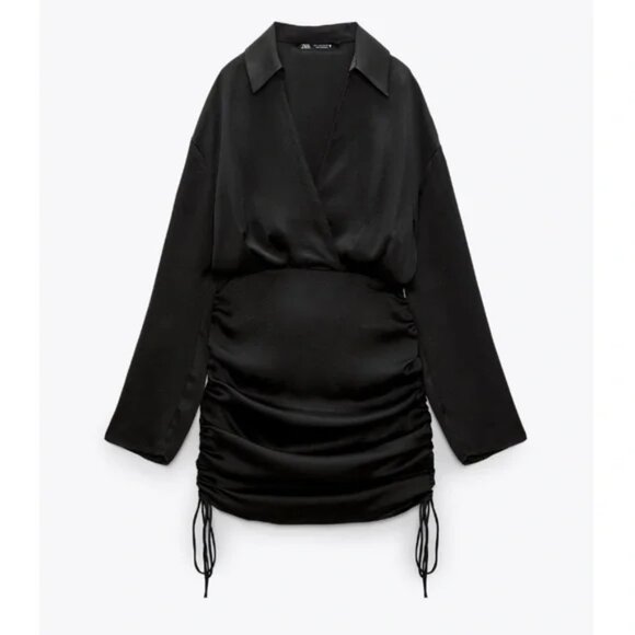 Zara Short Satin Effect Ruched Drawstring Mini Dress Blogger Favorite Black - Picture 1 of 13